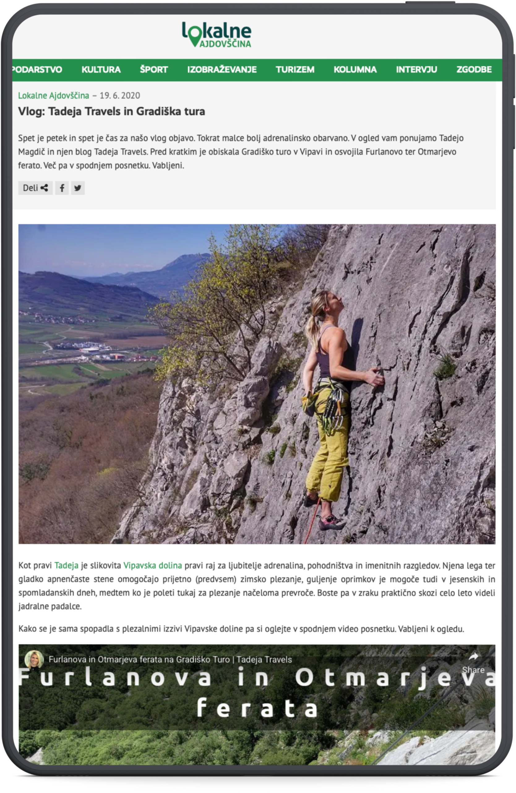 Fotografija prikazuje objave v slovenskih medijih, V spletnem portalu Lokalne Ajdovščina, o blogu, ki ga vodi TM Digital Marketing