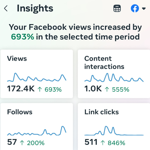 Grafika prikazuje rezultate Facebook kampanje z metrikami: ogledi, interakcije, novi sledilci in kliki na povezavo